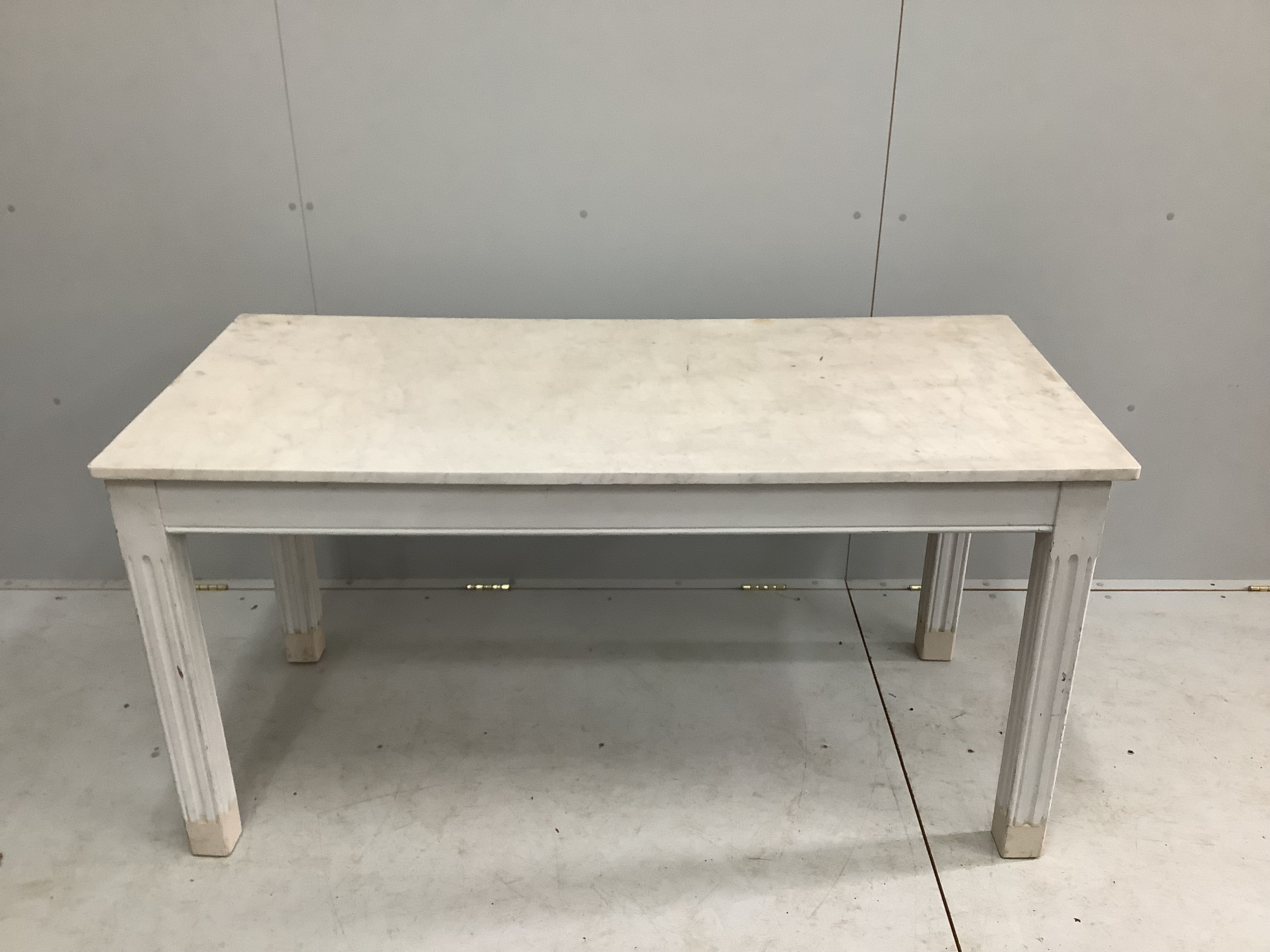 A rectangular painted marble top kitchen table, width 150cm, depth 70cm, height 76cm